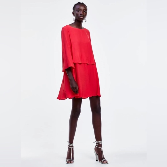 Zara Red Flair Sleeve With Overlay Flowy Dress Size Small Women’s - Picture 1 of 12